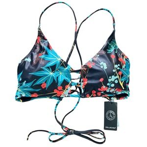 RELLECIGA Womens Bikini Top Leaf Print XXL Lace Up Strappy Front Halter Swim NWT